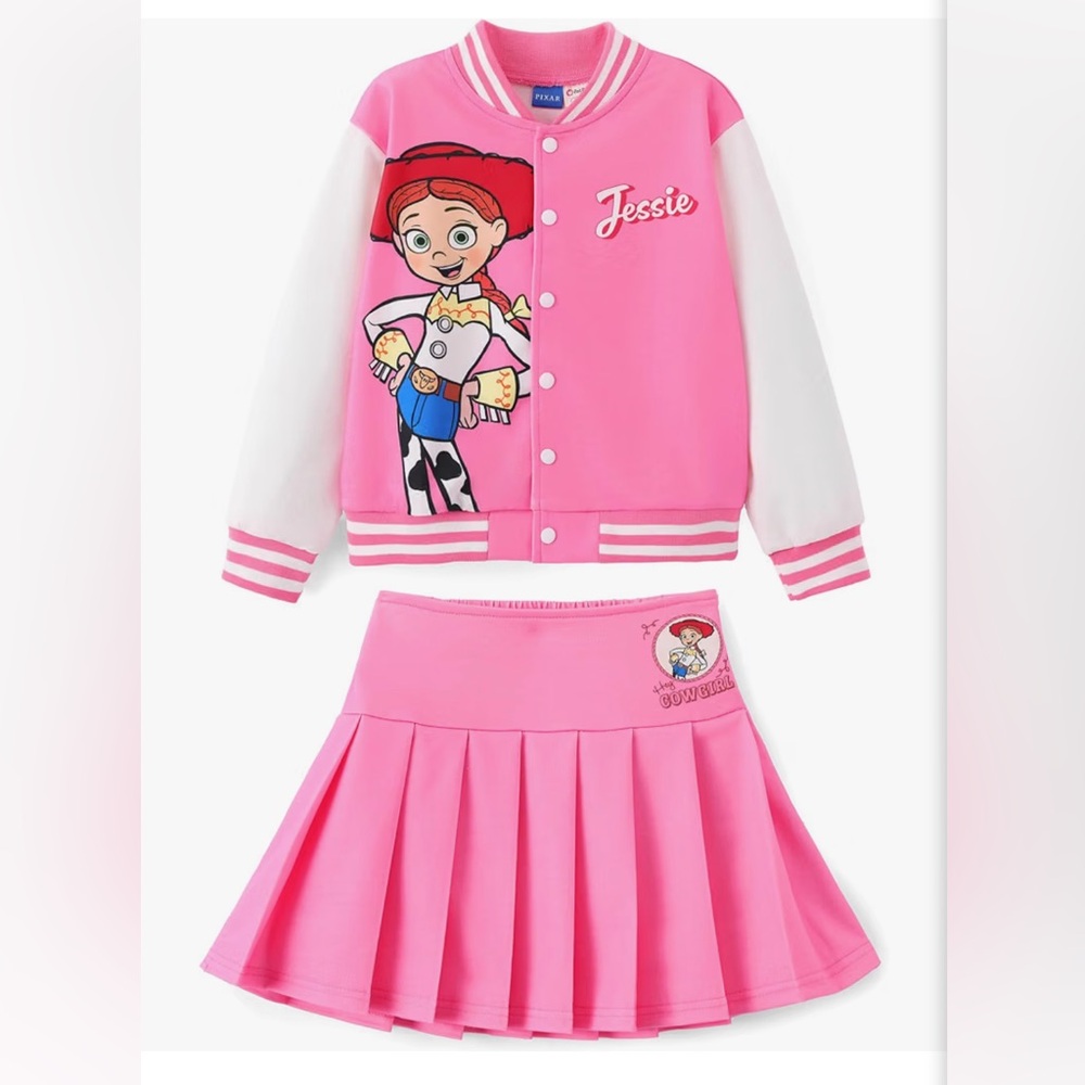 NWT Disney Girl Pink Jessie Varsity Jacket and Pleated Skirt Set